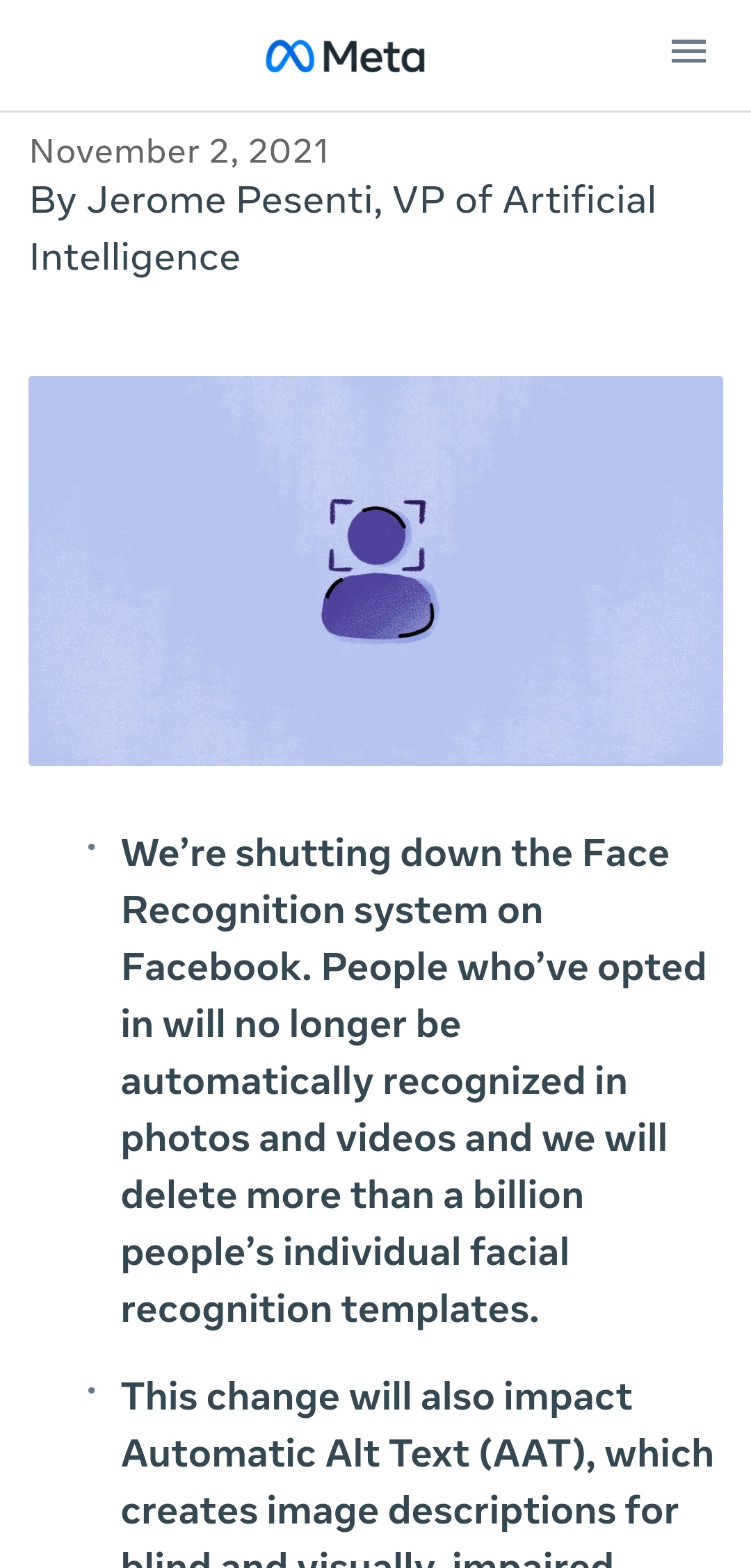 臉書Facebook宣布移除相片及影片中臉部自動辨識